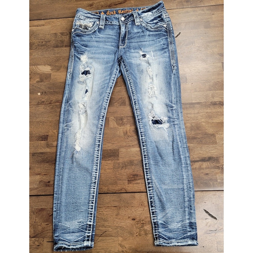 Rock Revival Peacoat Mid-Rise Ankle Skinny Jeans 27 Distressed Thick Stitch